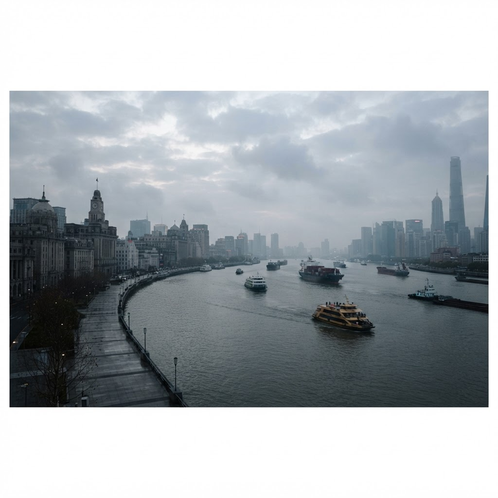 The Shanghai waterfront and Huangpu River port on an overcast morning